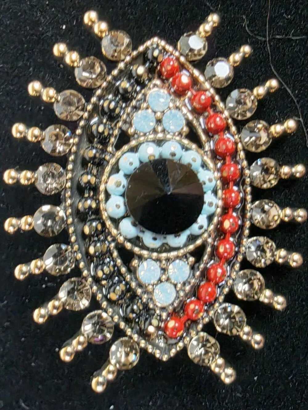 Gold Tone Eye Brooch Pin with Black Center and Red Accents